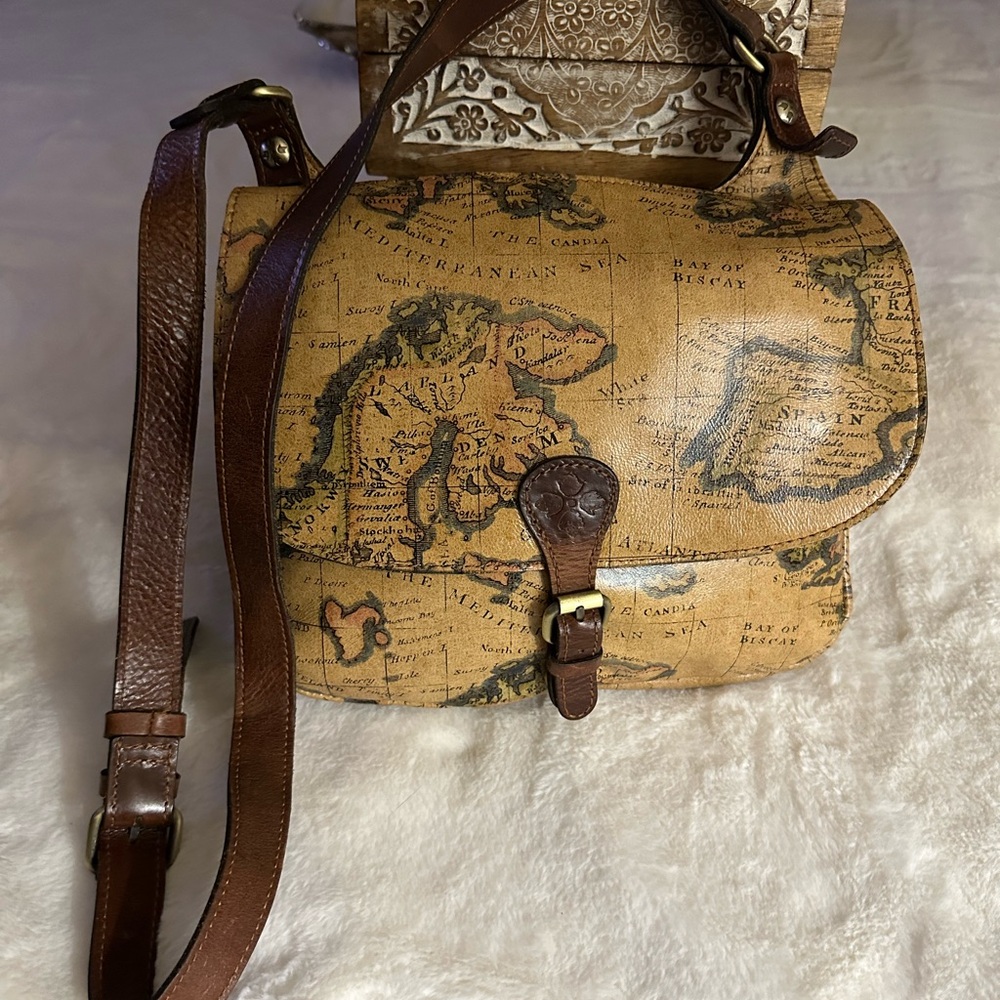 Patricia Nash Vintage Map Print Crossbody Bag in Tan and Brown